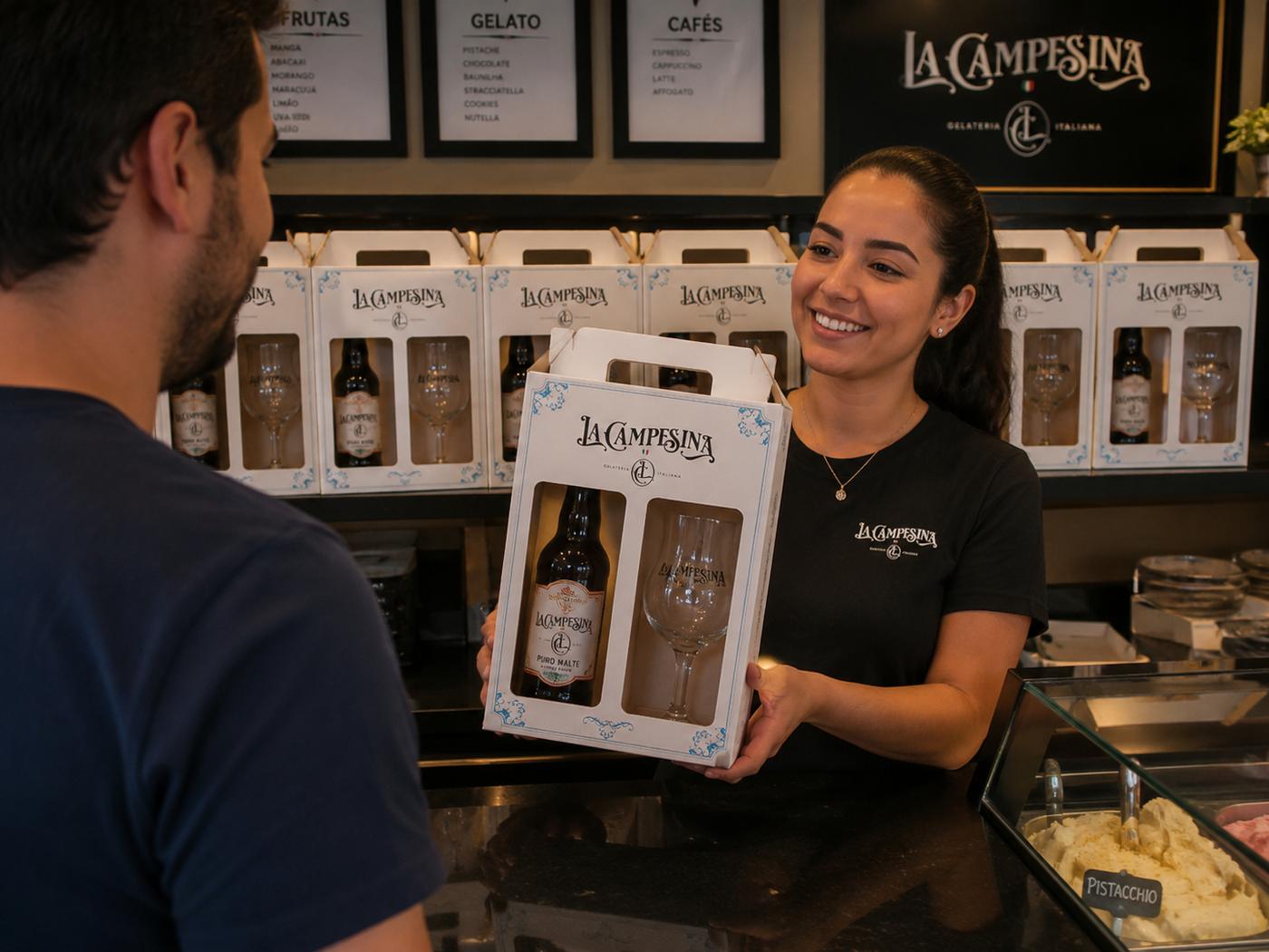 Atendente entregando caixa acoplada personalizada com kit ao cliente na loja