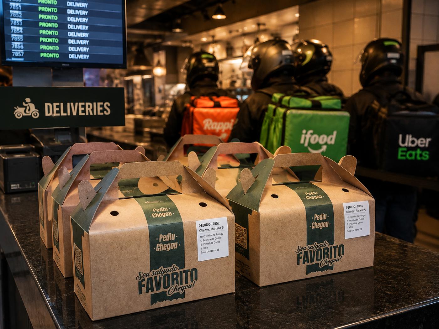 Caixas de delivery personalizadas prontas no balcão de retirada do restaurante